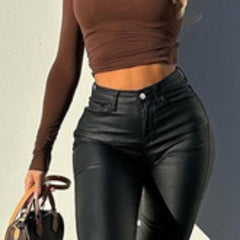 Light Mature Woman People Black Fashionable Sense Versatile Leather Pants Autumn And Winter New